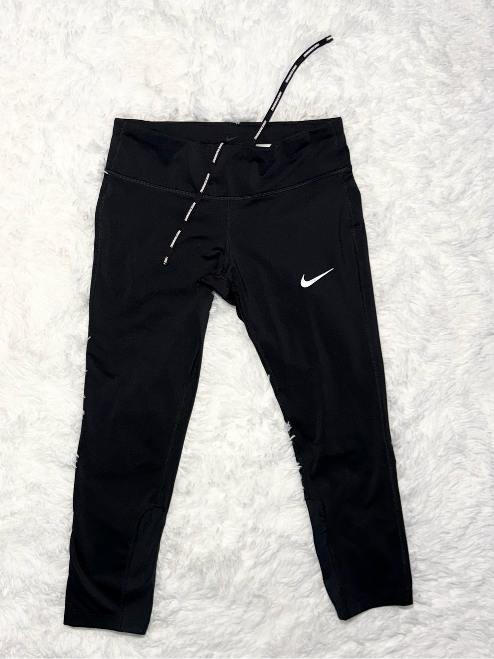Nike Black Cropped Drawstring Leggings with White Swoosh Size S - Picture 2 of 8